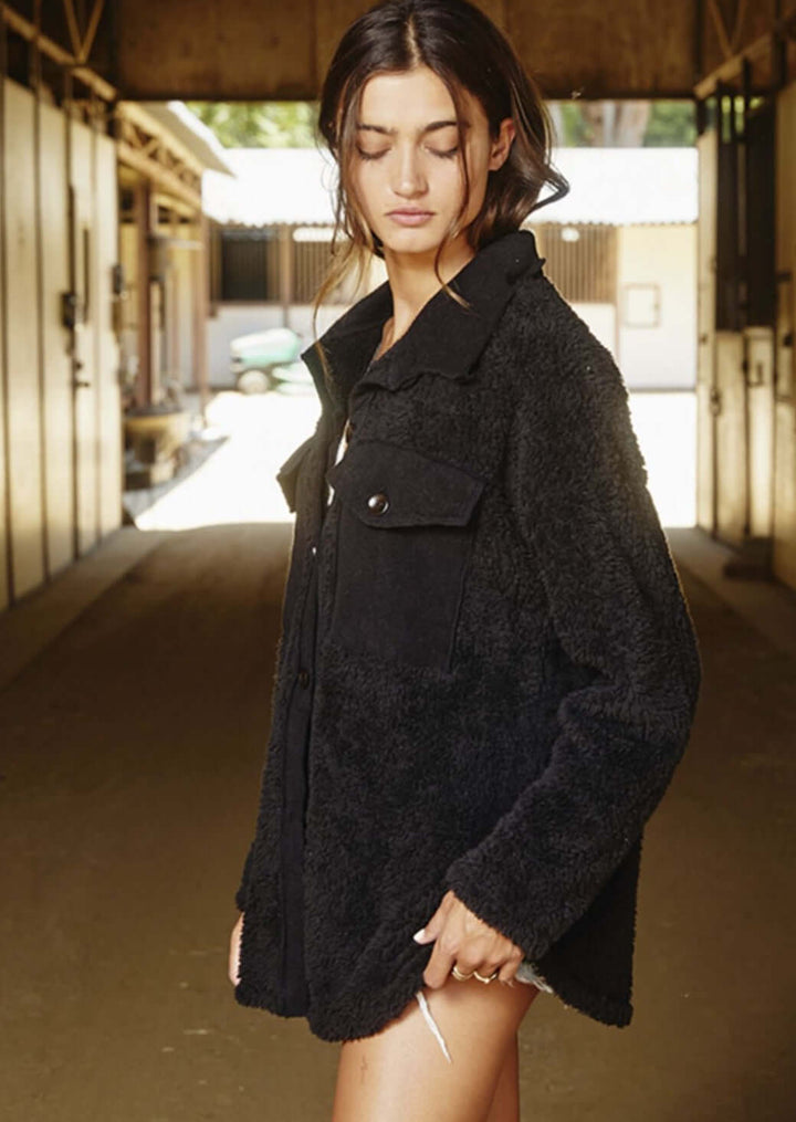 Bucket List Style T1861 Ladies Oversized Soft Teddy Bear Shirt Jacket Available in Black | Made in USA | Made in America Women's Boutique