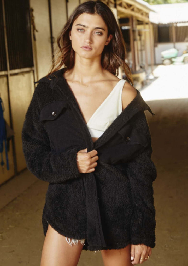 Bucket List Style T1861 Ladies Oversized Soft Teddy Bear Shirt Jacket Available in Black | Made in USA | Made in America Women's Boutique