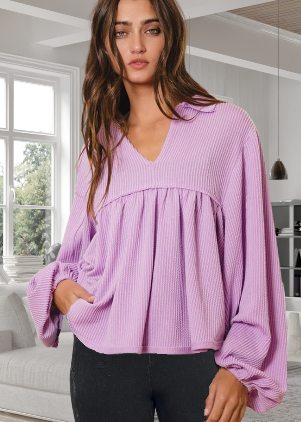 Textured Women's Baby Doll Bubble Sleeve Top in Lilac | Bucket List Clothing Style # T1902 |  Made in USA | Classy Cozy Cool Women’s Clothing Boutique