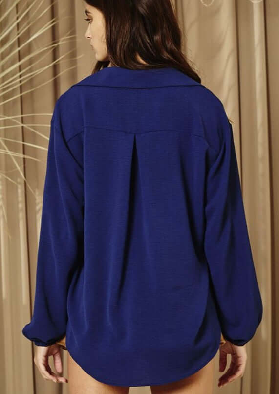 Bucket List Style# T1943 | Ladies Solid Dressy Button Down Top with Bubble Sleeves in Navy Color | Made in USA | Classy Cozy Cool American Made Women's Clothing Boutique