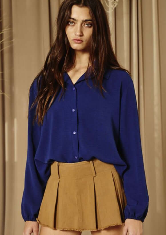 Bucket List Style# T1943 | Ladies Solid Dressy Button Down Top with Bubble Sleeves in Navy Color | Made in USA | Classy Cozy Cool American Made Women's Clothing Boutique