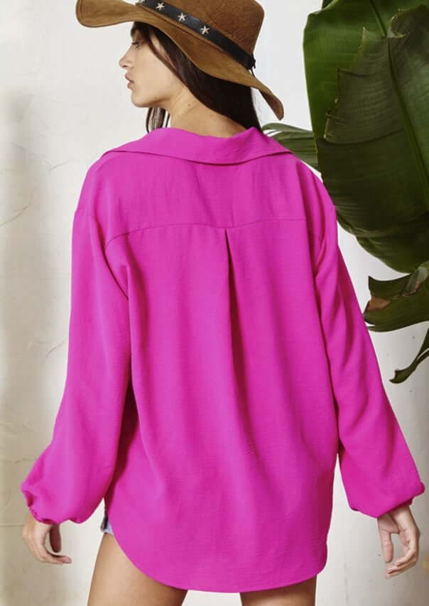 Bucket List Style# T1943 | Ladies Solid Dressy Button Down Top with Bubble Sleeves in Fuchsia Color | Made in USA | Classy Cozy Cool American Made Women's Clothing Boutique