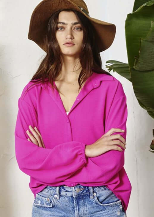 Bucket List Style# T1943 | Ladies Solid Dressy Button Down Top with Bubble Sleeves in Fuchsia Color | Made in USA | Classy Cozy Cool American Made Women's Clothing Boutique