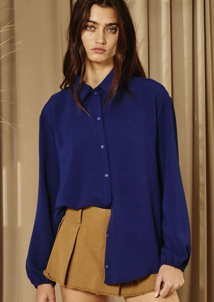 Bucket List Style# T1943 | Ladies Solid Dressy Button Down Top with Bubble Sleeves in Navy Color | Made in USA | Classy Cozy Cool American Made Women's Clothing Boutique