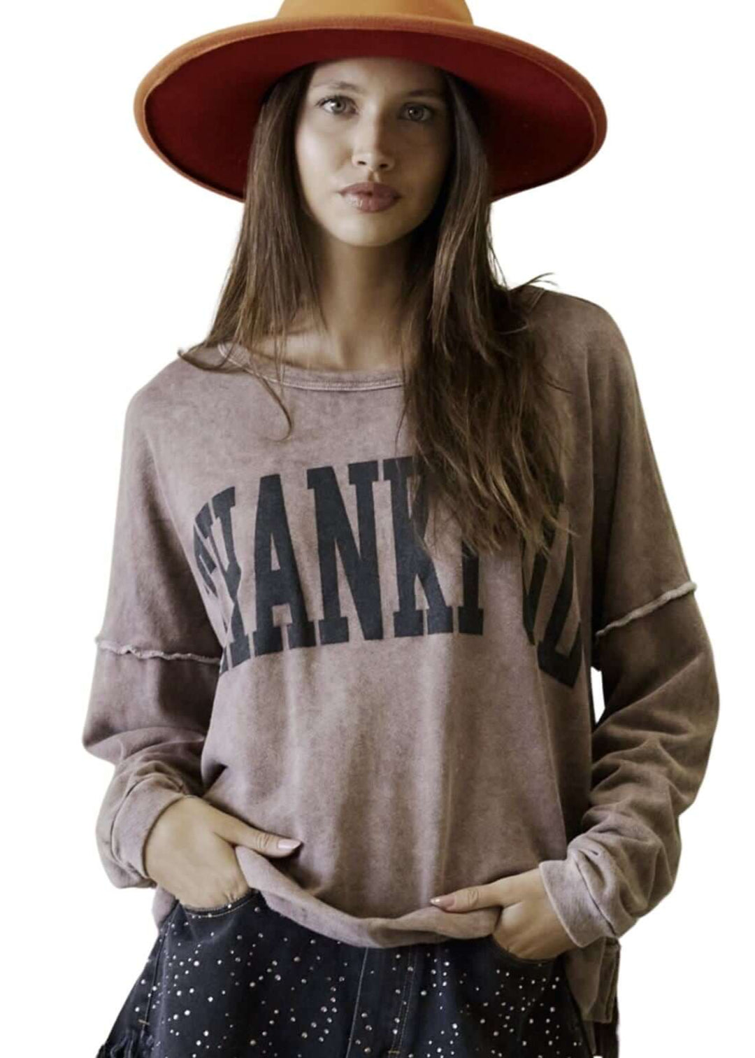 Made in USA Women's Oversized Graphic Garment Washed Vintage Look Sweatshirt with "Thankful" Graphic Lettering and Raw seam detail in Coffee Brown | Classy Cozy Cool Women's Made in America Boutique