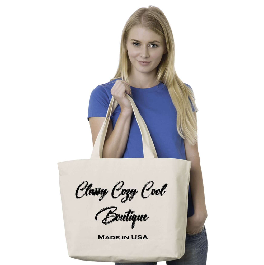 Made in USA Classy Cozy Cool Swag Jumbo Tote Bag 12 oz. 100% Cotton Extra Long Natural Web Handles 22" Handle, Size  20W x 14.5H x 4.5D
