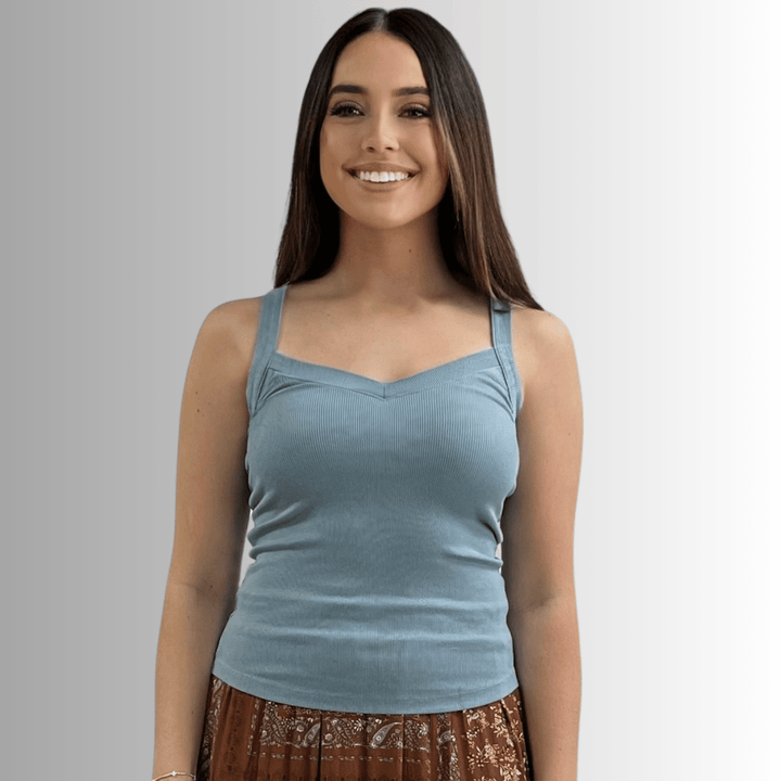 Made in USA Women's Premium Garment Dyed Cotton Ribbed Tank Top with Y-Strap back in Blue Sea Color | Classy Cozy Cool Women's Made in America Boutique