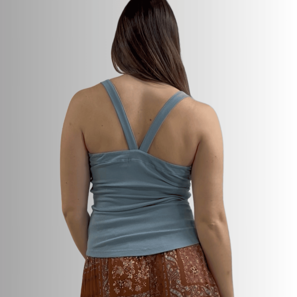 Made in USA Women's Premium Garment Dyed Cotton Ribbed Tank Top with Y-Strap back in Blue Sea Color | Classy Cozy Cool Women's Made in America Boutique