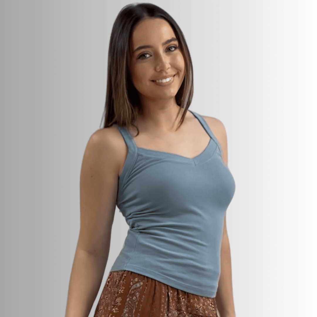 Made in USA Women's Premium Garment Dyed Cotton Ribbed Tank Top with Y-Strap back in Blue Sea Color | Classy Cozy Cool Women's Made in America Boutique