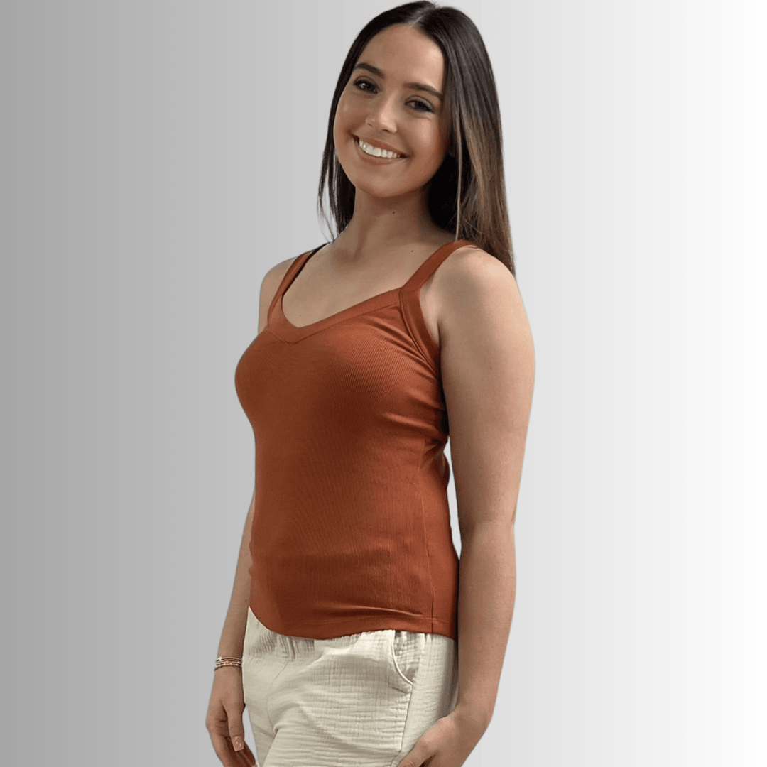 Made in USA Women's Premium Garment Dyed Cotton Ribbed Tank Top with Y-Strap back in Gingerbread Brown | Classy Cozy Cool Women's Made in America Boutique