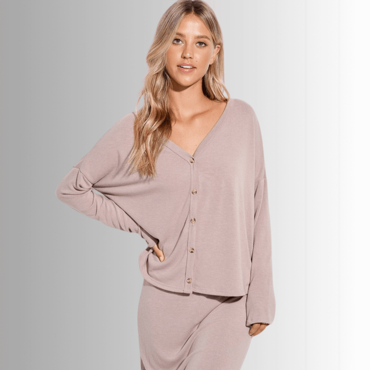 Made in USA Women's 2 Piece Lightweight Cardigan and Skirt Set, Button Down Cardigan, Knee Length Skirt, Long Sleeves, Relaxed Fit, Color: Light Taupe