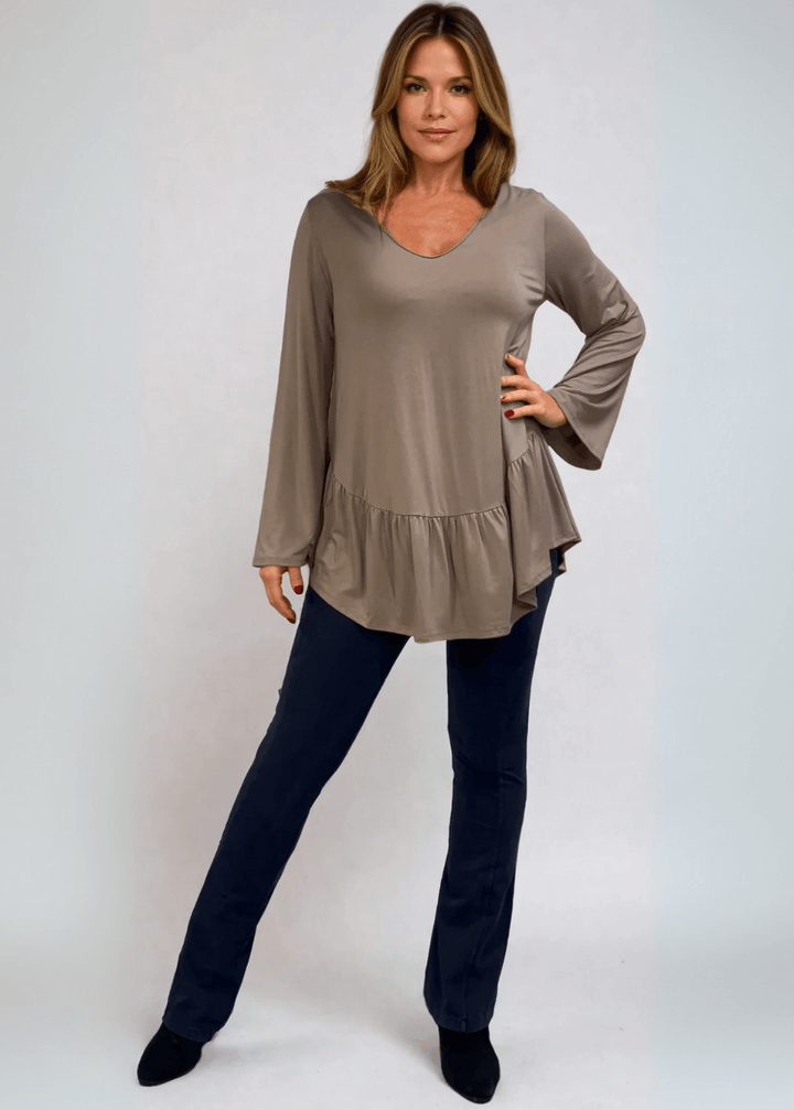 Made in USA Women's Taupe Flare Sleeve Tunic with Flounce Ruffle Hem, V-Neck, Lightweight and Flowy, Super Soft, 95% Rayon, 5% Spandex Machine Wash, Tumble Dry Low Style C11316 | Classy Cozy Cool Made in USA Boutique