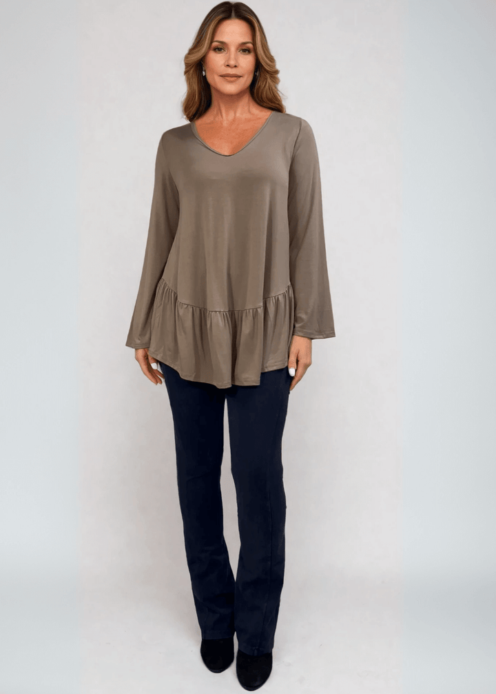 Made in USA Women's Taupe Flare Sleeve Tunic with Flounce Ruffle Hem, V-Neck, Lightweight and Flowy, Super Soft, 95% Rayon, 5% Spandex Machine Wash, Tumble Dry Low Style C11316 | Classy Cozy Cool Made in USA Boutique