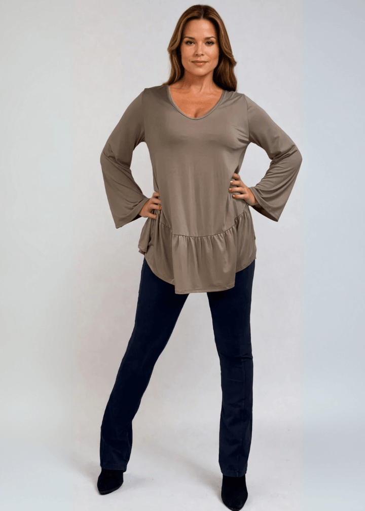 Made in USA Women's Taupe Flare Sleeve Tunic with Flounce Ruffle Hem, V-Neck, Lightweight and Flowy, Super Soft, 95% Rayon, 5% Spandex Machine Wash, Tumble Dry Low Style C11316 | Classy Cozy Cool Made in USA Boutique