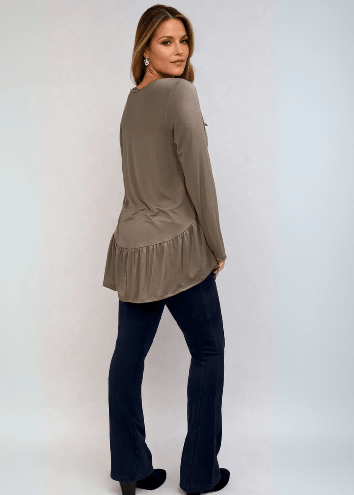 Made in USA Women's Taupe Flare Sleeve Tunic with Flounce Ruffle Hem, V-Neck, Lightweight and Flowy, Super Soft, 95% Rayon, 5% Spandex Machine Wash, Tumble Dry Low Style C11316 | Classy Cozy Cool Made in USA Boutique