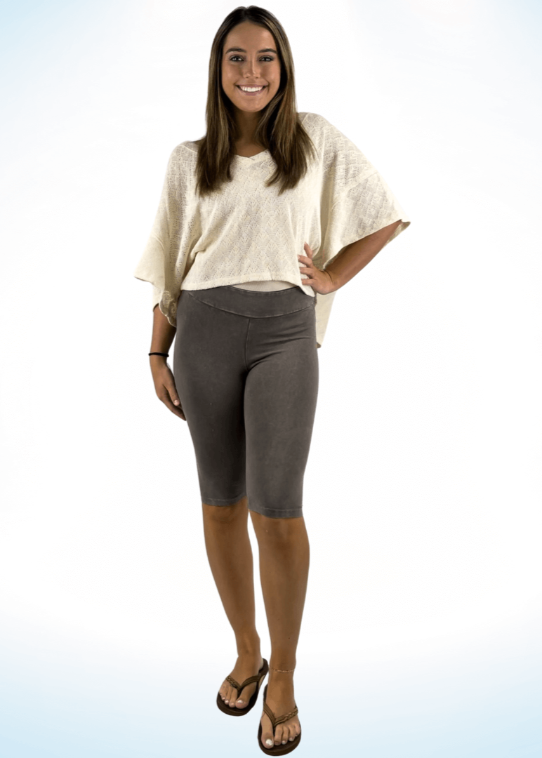 Ladies Mineral Washed in Desert Taupe Knee Length Biker Shorts | Chatoyant Style# C30331 | Made in USA | Classy Cozy Cool Women's Made in America Boutique