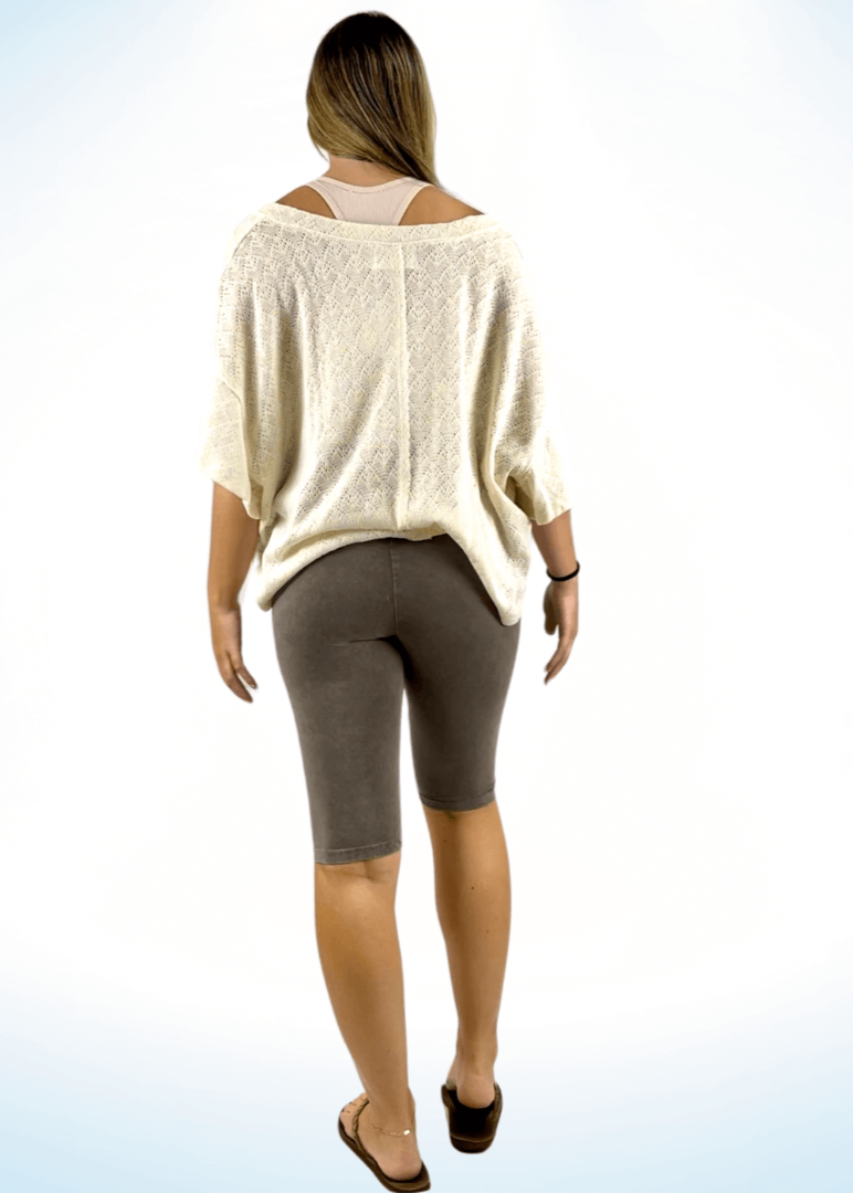 Ladies Mineral Washed in Desert Taupe Knee Length Biker Shorts | Chatoyant Style# C30331 | Made in USA | Classy Cozy Cool Women's Made in America Boutique