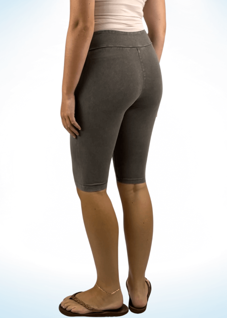 Ladies Mineral Washed in Desert Taupe Knee Length Biker Shorts | Chatoyant Style# C30331 | Made in USA | Classy Cozy Cool Women's Made in America Boutique
