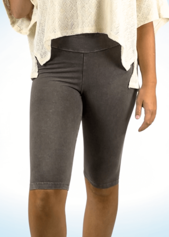 Ladies Mineral Washed in Desert Taupe Knee Length Biker Shorts | Chatoyant Style# C30331 | Made in USA | Classy Cozy Cool Women's Made in America Boutique