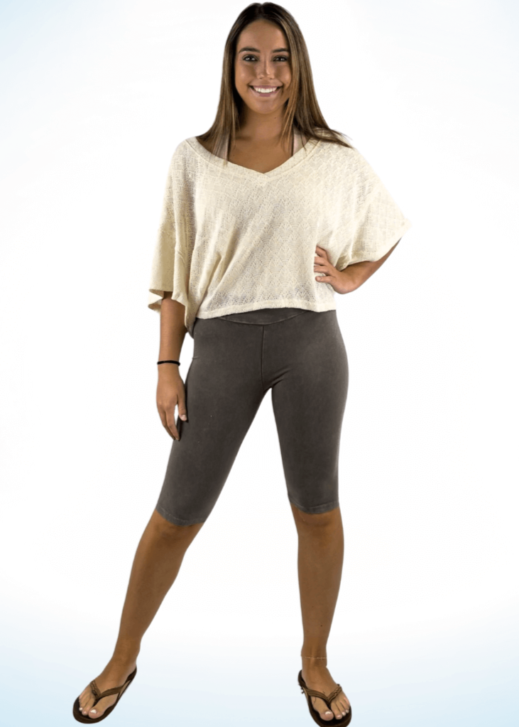 Ladies Mineral Washed in Desert Taupe Knee Length Biker Shorts | Chatoyant Style# C30331 | Made in USA | Classy Cozy Cool Women's Made in America Boutique