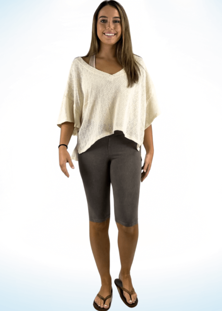 Ladies Mineral Washed in Desert Taupe Knee Length Biker Shorts | Chatoyant Style# C30331 | Made in USA | Classy Cozy Cool Women's Made in America Boutique