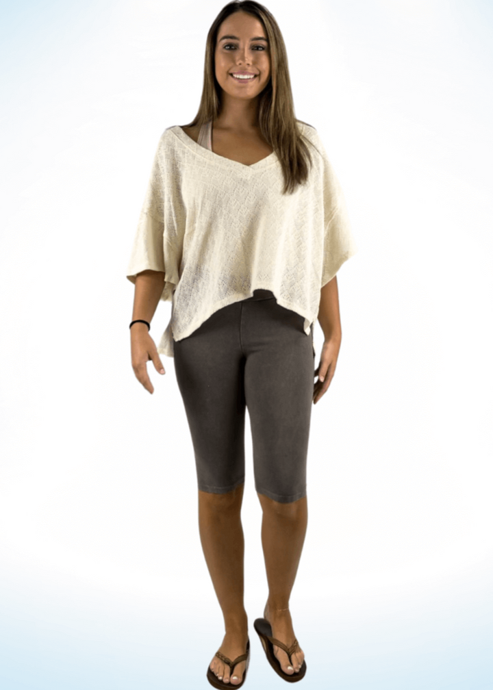 Ladies Mineral Washed in Desert Taupe Knee Length Biker Shorts | Chatoyant Style# C30331 | Made in USA | Classy Cozy Cool Women's Made in America Boutique