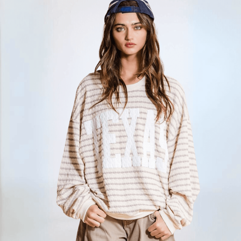 Made in USA Textured "TEXAS" Graphic Oversized Game Day Textured Sweatshirt with Crew Neck and Long Sleeves in Black or Pink with Cream Stripes | Bucket List Style T1770