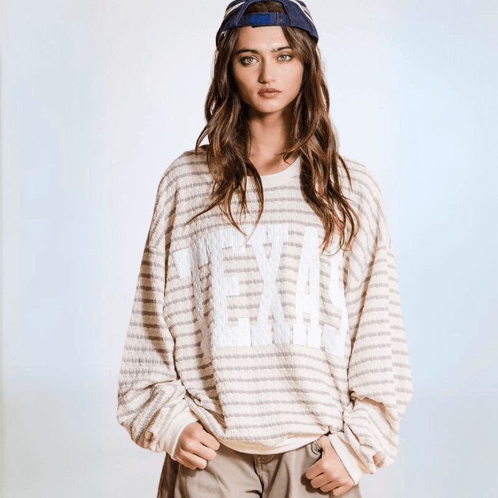 Made in USA Textured "TEXAS" Graphic Oversized Game Day Textured Sweatshirt with Crew Neck and Long Sleeves in Black or Pink with Cream Stripes | Bucket List Style T1770