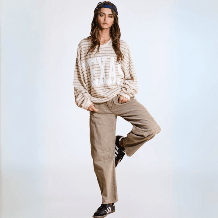 Made in USA Textured "TEXAS" Graphic Oversized Game Day Textured Sweatshirt with Crew Neck and Long Sleeves in Black or Pink with Cream Stripes | Bucket List Style T1770