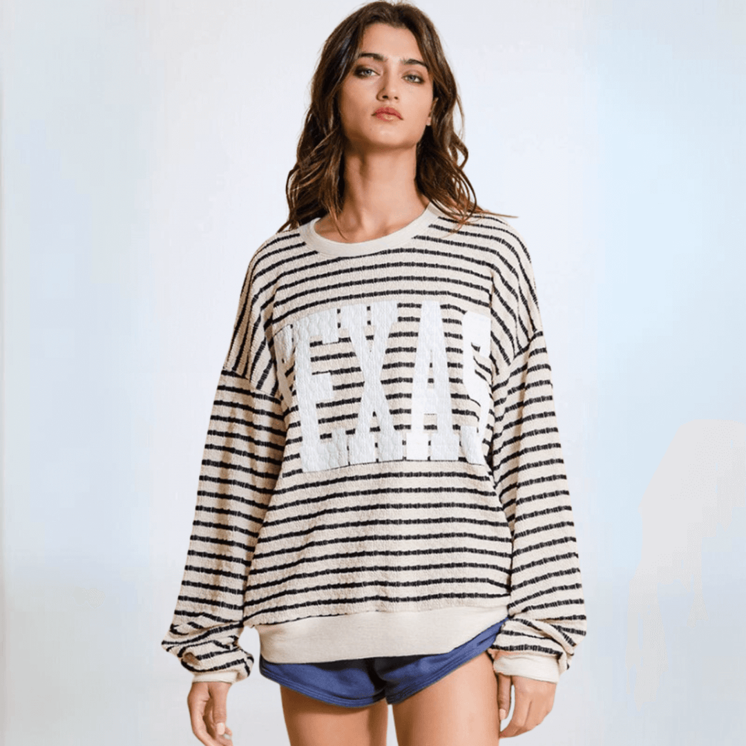 Made in USA Textured "TEXAS" Graphic Oversized Game Day Textured Sweatshirt with Crew Neck and Long Sleeves in Black or Pink with Cream Stripes | Bucket List Style T1770