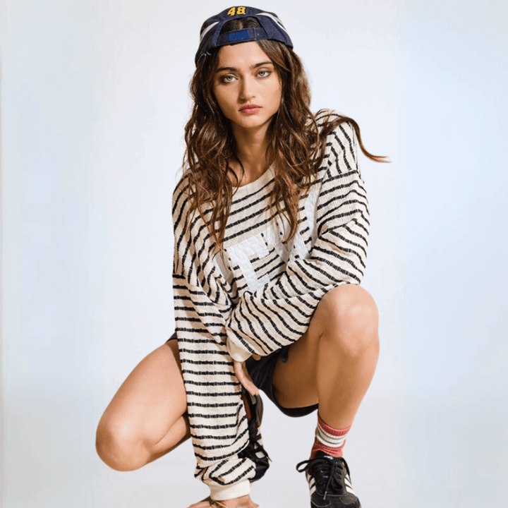 Made in USA Textured "TEXAS" Graphic Oversized Game Day Textured Sweatshirt with Crew Neck and Long Sleeves in Black or Pink with Cream Stripes | Bucket List Style T1770
