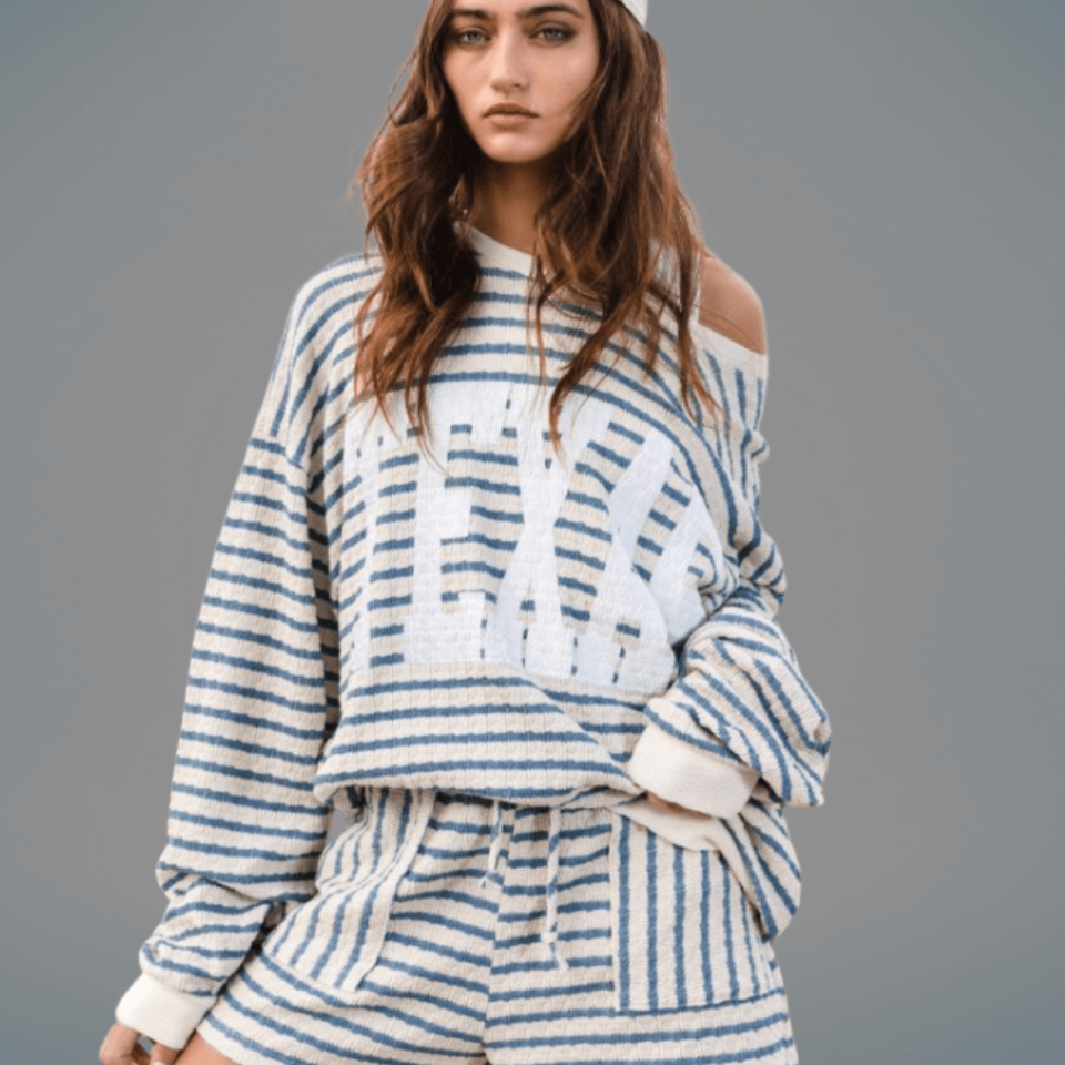 Made in USA Textured "TEXAS" Graphic Oversized Game Day Textured Sweatshirt with Crew Neck and Long Sleeves in Blue and Cream Stripes | Bucket List Style T1770