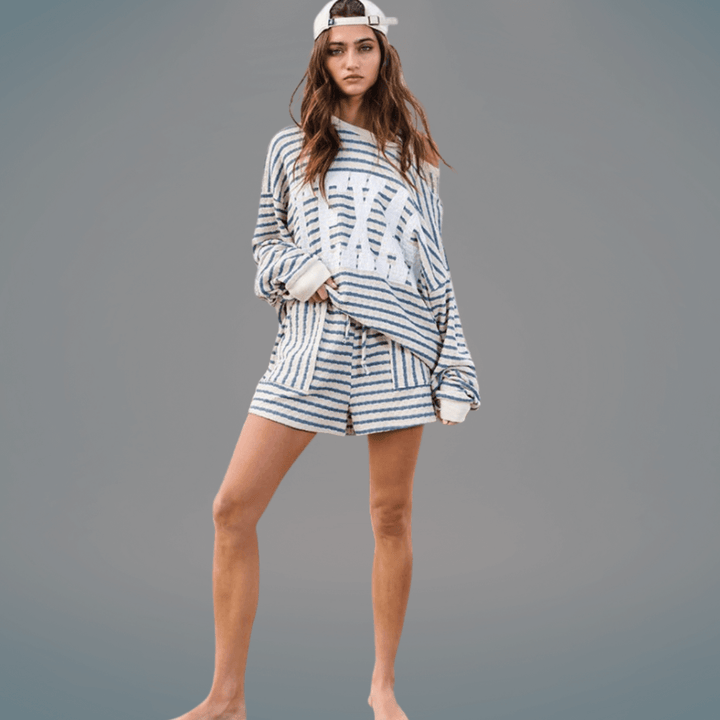 Made in USA Textured "TEXAS" Graphic Oversized Game Day Textured Sweatshirt with Crew Neck and Long Sleeves in Blue and Cream Stripes | Bucket List Style T1770