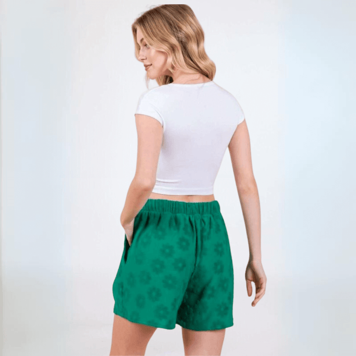 Made in USA Women's Floral Daisy Embossed Textured Shorts in Green | Classy Cozy Cool Made in America Boutique