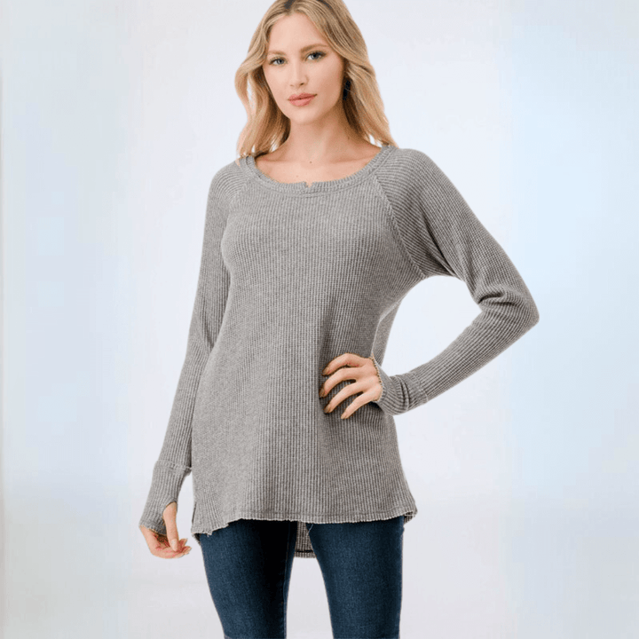 Made in USA Women's Soft and Cozy Thumbhole Sweater, Raw Edge Detail, Wide Boat Neckline, High-Low Hemline, Triangle Seam Detail on Back, Available in Black, Grey and Sage