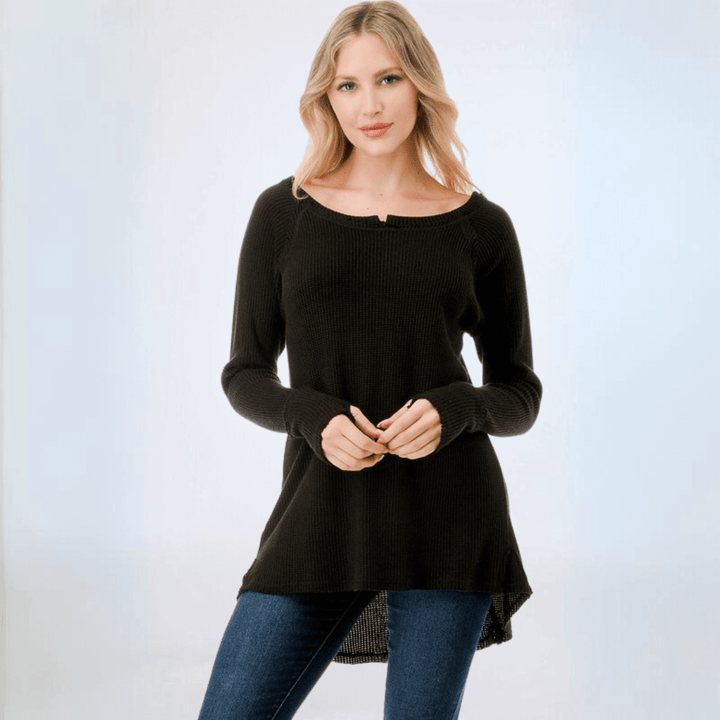 Made in USA Women's Soft and Cozy Thumbhole Sweater, Raw Edge Detail, Wide Boat Neckline, High-Low Hemline, Triangle Seam Detail on Back, Available in Black, Grey and Sage