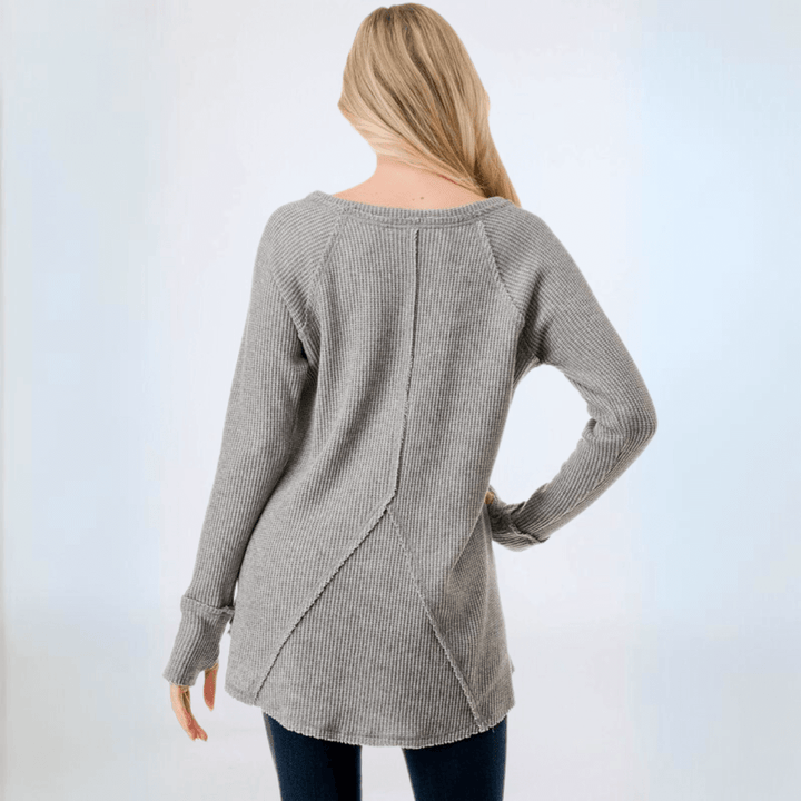 Made in USA Women's Soft and Cozy Thumbhole Sweater, Raw Edge Detail, Wide Boat Neckline, High-Low Hemline, Triangle Seam Detail on Back, Available in Black, Grey and Sage