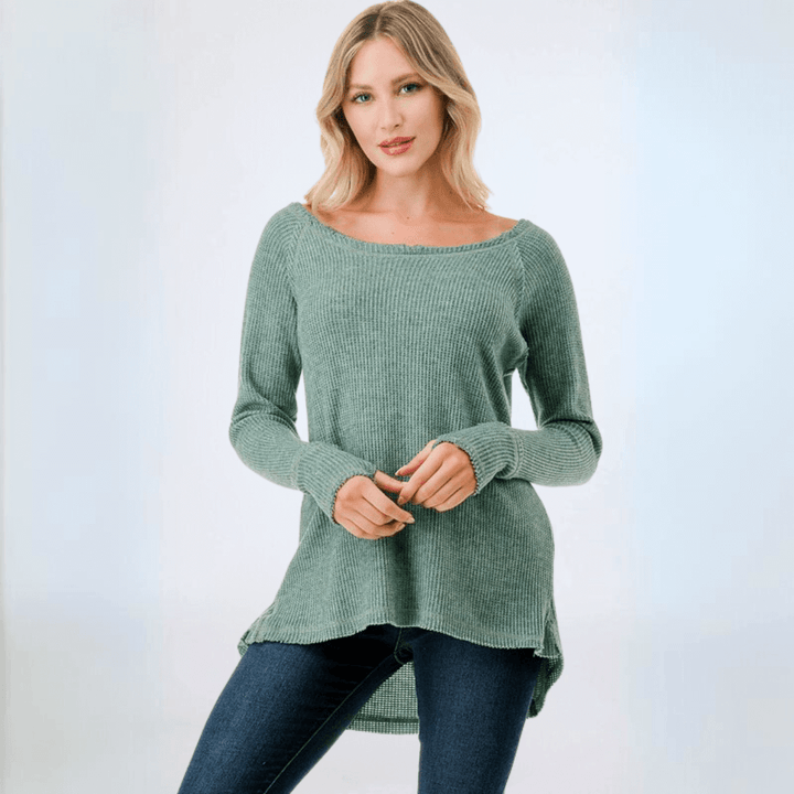 Made in USA Women's Soft and Cozy Thumbhole Sweater, Raw Edge Detail, Wide Boat Neckline, High-Low Hemline, Triangle Seam Detail on Back, Available in Black, Grey and Sage