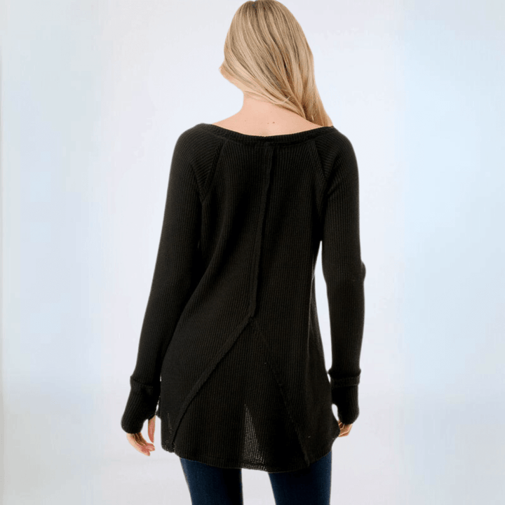 Made in USA Women's Soft and Cozy Thumbhole Sweater, Raw Edge Detail, Wide Boat Neckline, High-Low Hemline, Triangle Seam Detail on Back, Available in Black, Grey and Sage