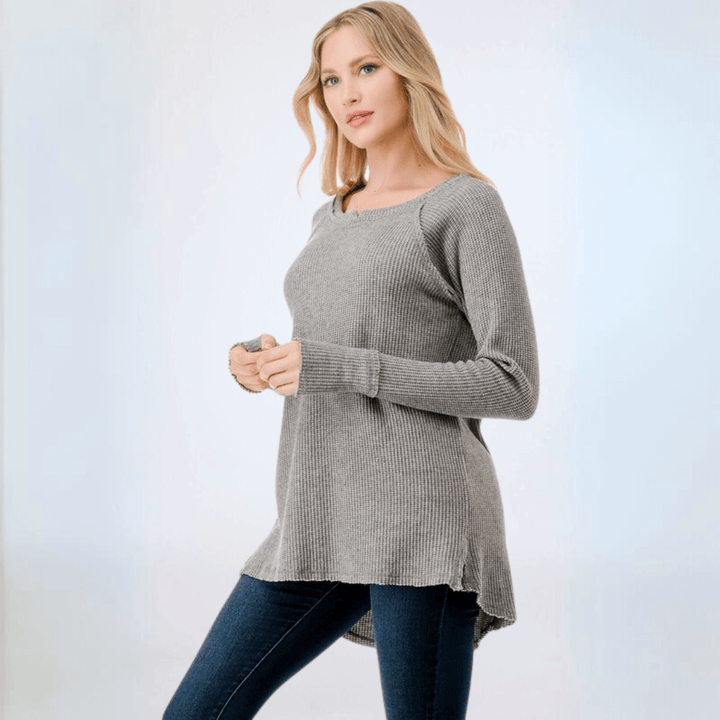 Made in USA Women's Soft and Cozy Thumbhole Sweater, Raw Edge Detail, Wide Boat Neckline, High-Low Hemline, Triangle Seam Detail on Back, Available in Black, Grey and Sage