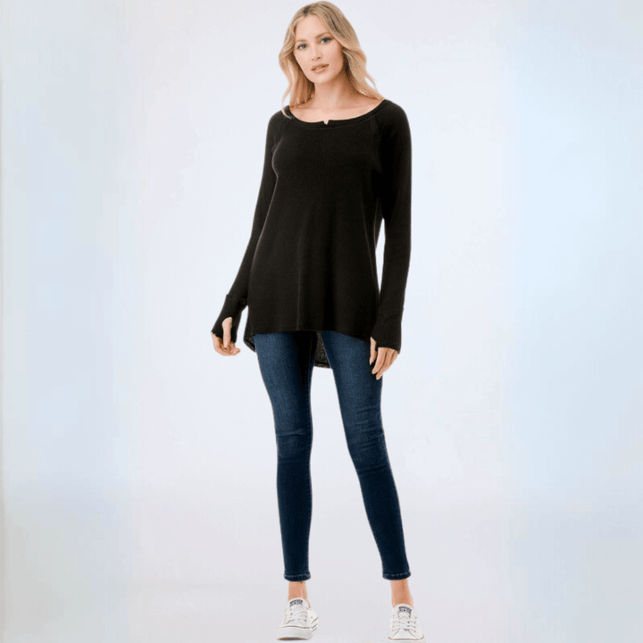 Made in USA Women's Soft and Cozy Thumbhole Sweater, Raw Edge Detail, Wide Boat Neckline, High-Low Hemline, Triangle Seam Detail on Back, Available in Black, Grey and Sage