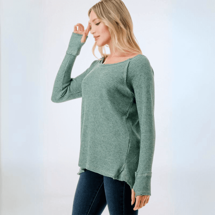 Made in USA Women's Soft and Cozy Thumbhole Sweater, Raw Edge Detail, Wide Boat Neckline, High-Low Hemline, Triangle Seam Detail on Back, Available in Black, Grey and Sage