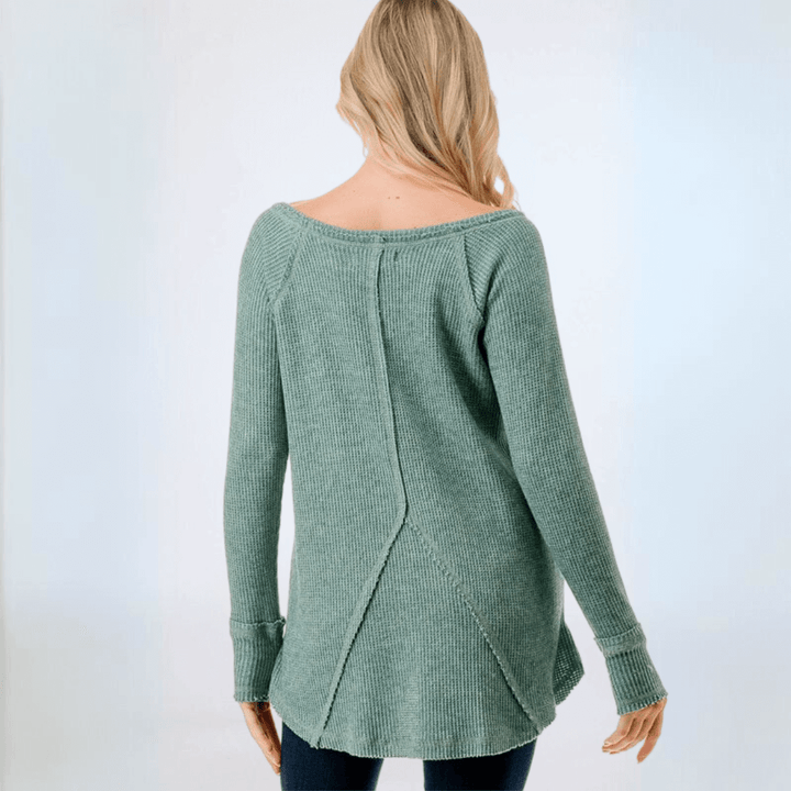Made in USA Women's Soft and Cozy Thumbhole Sweater, Raw Edge Detail, Wide Boat Neckline, High-Low Hemline, Triangle Seam Detail on Back, Available in Black, Grey and Sage
