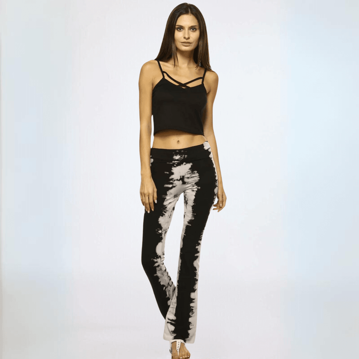 Made in USA Premium Cotton Black & Tan Unique Design Tie Dye Bootcut Athleisure Pants | Classy Cozy Cool Made in America Boutique