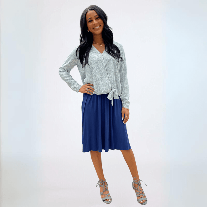 Women's Micro Animal Printed Dressy Wrap Top with Tie Front Detail in Blue | Made in USA | Classy Cozy Cool Women's Made in USA Boutique