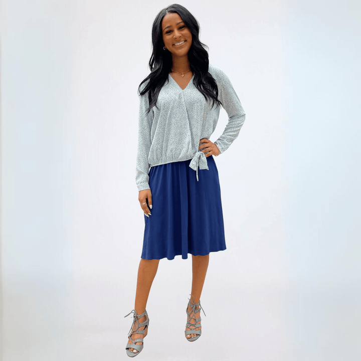 Women's Micro Animal Printed Dressy Wrap Top with Tie Front Detail in Blue | Made in USA | Classy Cozy Cool Women's Made in USA Boutique