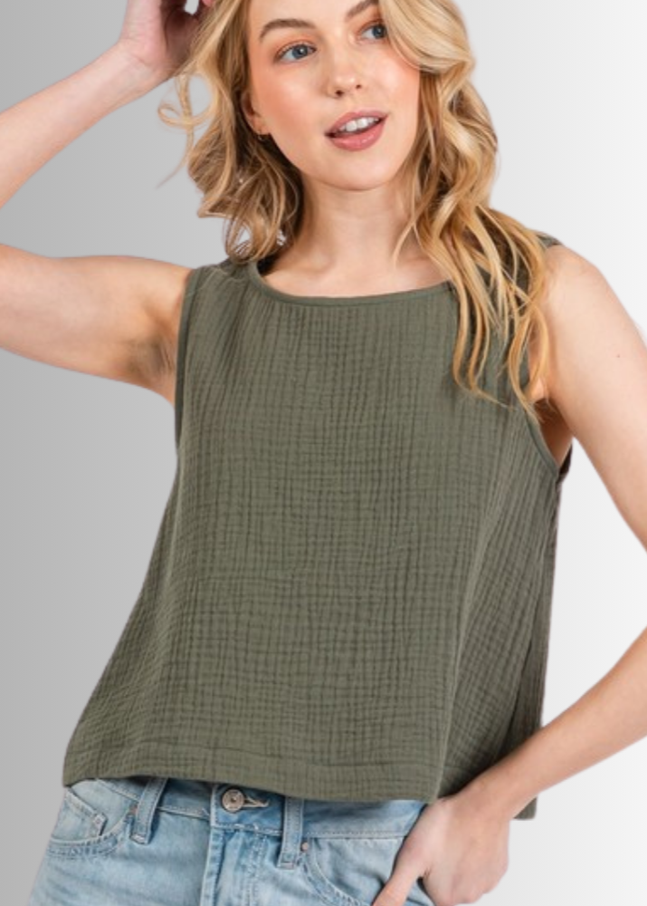 Made in USA Women's Premium Triple Layer Cotton Gauze Relaxed Fit Sleeveless Top, Waist Length, Ultra Soft, Round Neck, 100% Cotton | Classy Cozy Cool Made in America Boutique