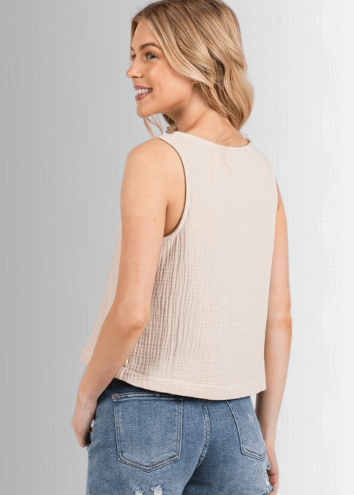 Made in USA Women's Premium Triple Layer Cotton Gauze Relaxed Fit Sleeveless Top, Waist Length, Ultra Soft, Round Neck, 100% Cotton | Classy Cozy Cool Made in America Boutique