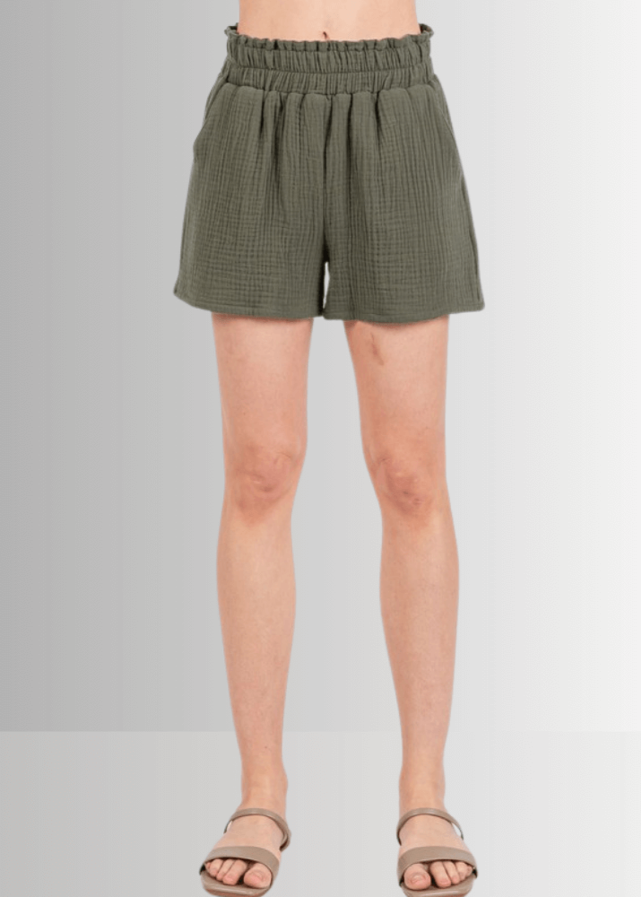 Made in USA Women's Premium Triple Layer Cotton Gauze Relaxed Fit Shorts, Elastic Waist, Ultra Soft, Ruffled Top, Side Pockets Relaxed Fit | Classy Cozy Cool Made in America Boutique