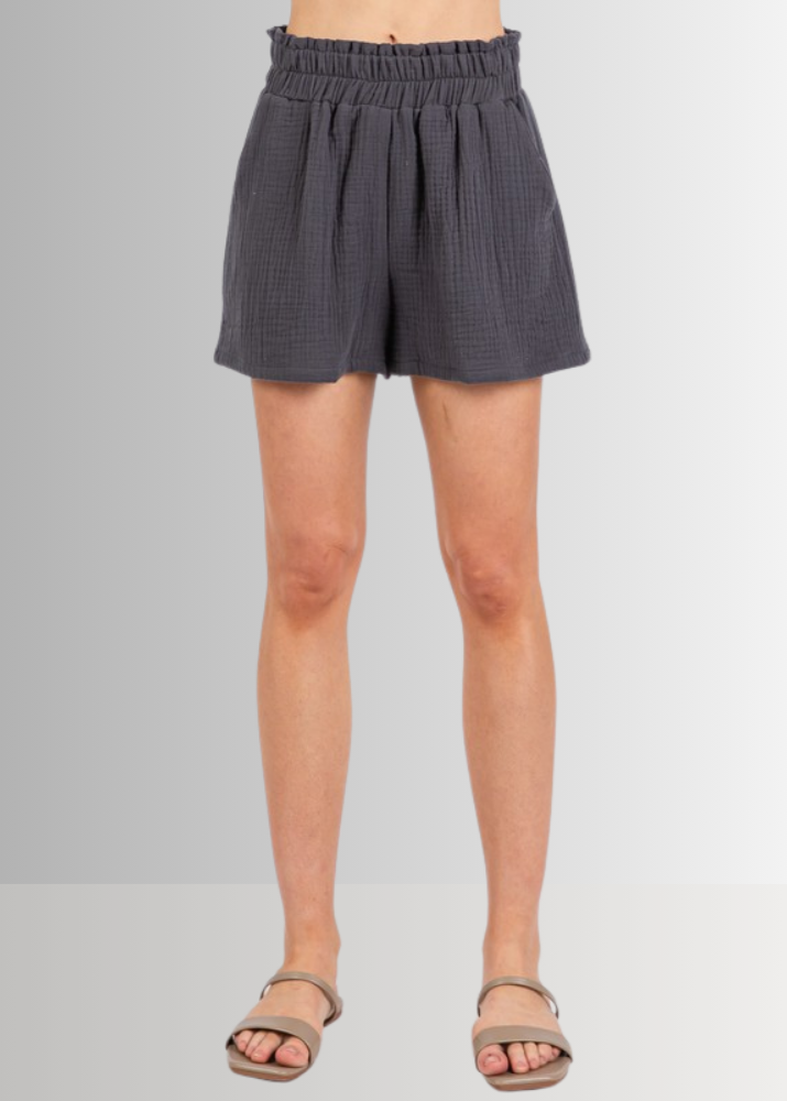 Made in USA Women's Premium Triple Layer Cotton Gauze Relaxed Fit Shorts, Elastic Waist, Ultra Soft, Ruffled Top, Side Pockets Relaxed Fit | Classy Cozy Cool Made in America Boutique